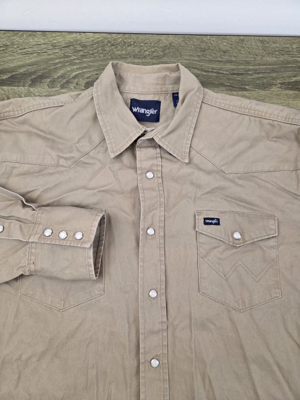 Wrangler Pearl Snap Canvas Shirt Men's 2XL Beige Tan Long Sleeve Cowboy Western